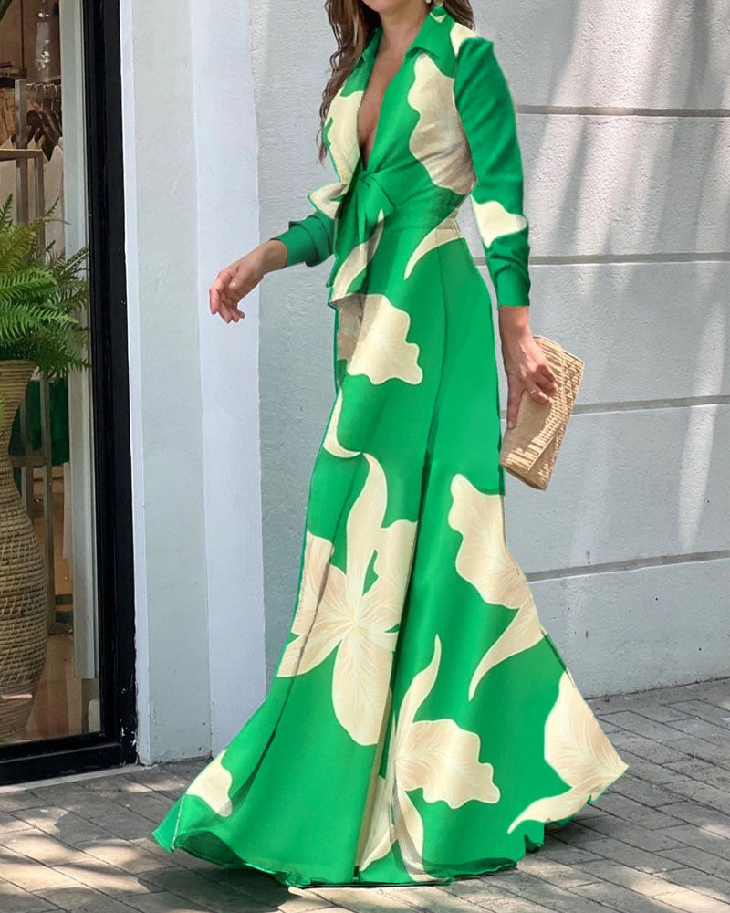 Polo Collar Top Loose Wide Leg Jumpsuit For Women