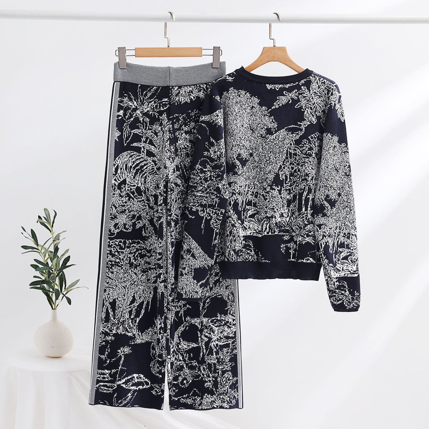 Knitting Patterns Two-piece Set Pullover Long Sleeve Sweater High Waist Wide Leg Top Suit