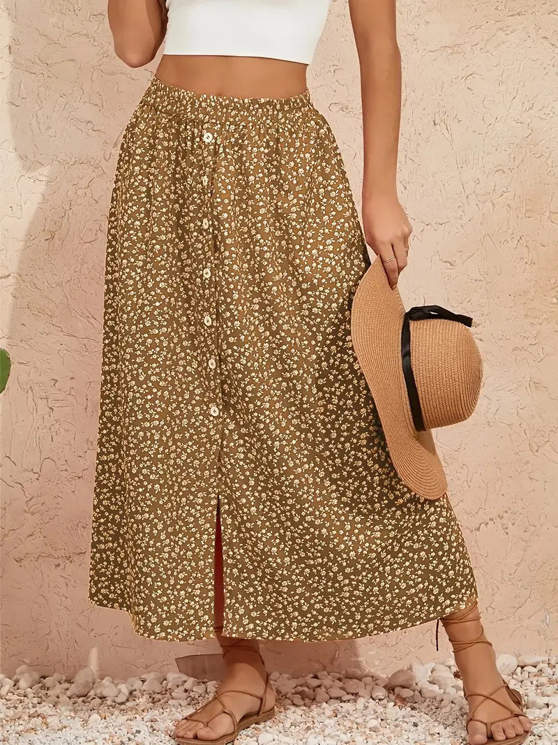 European And American Printed Breasted Self-tie Summer Pastoral A- Line Skirt Advanced Skirt
