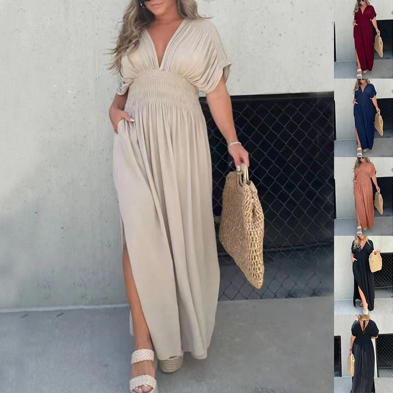 Bat-sleeved V-neck Slit  Elastic Waist Long Dress