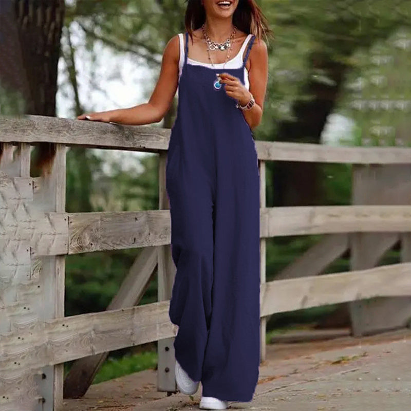 Plus Size Women's Solid Color Casual Jumpsuit - Sleeveless Romper With Pockets For Spring&Summer
