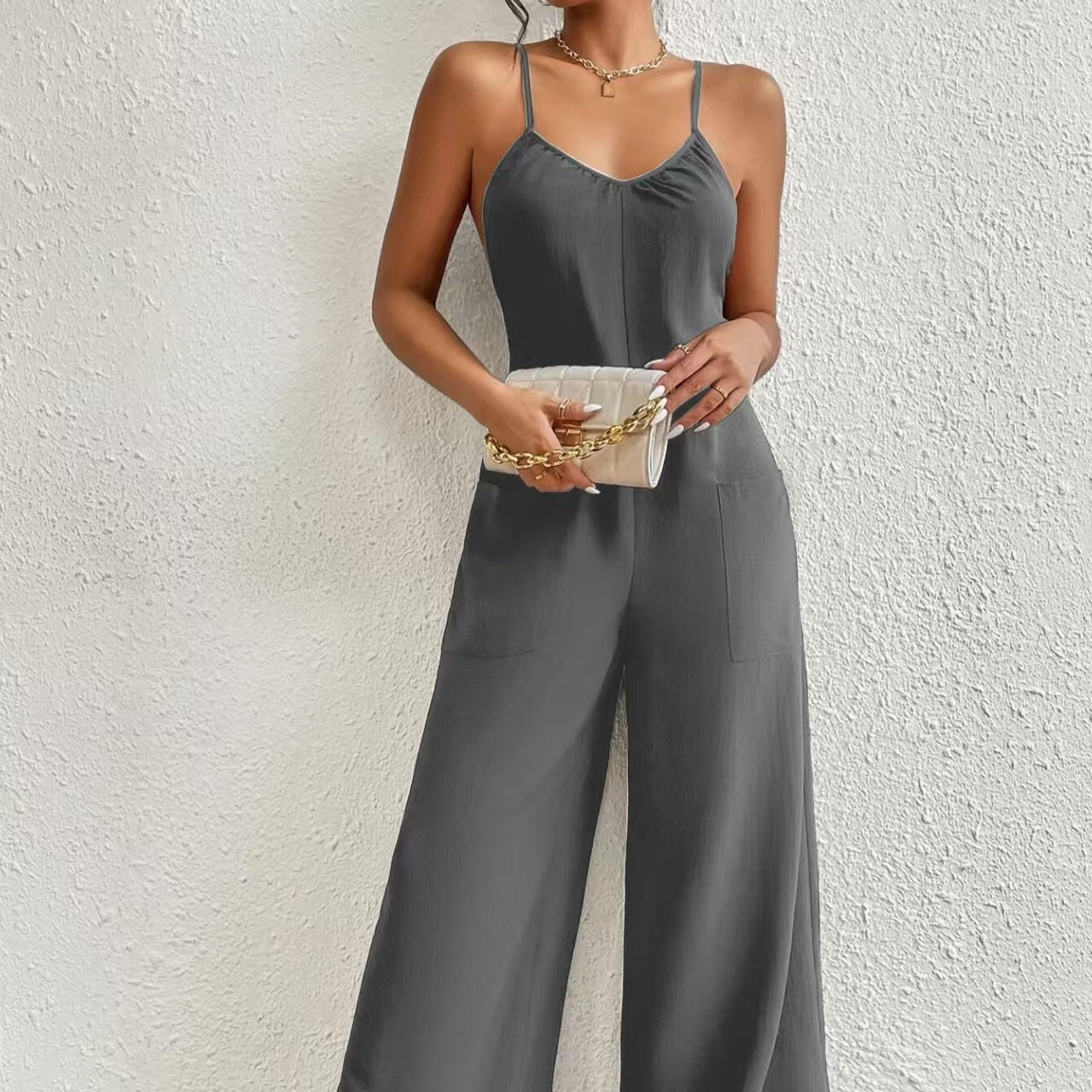 Ladies' Solid Color Chest Pleated Design Cross Suspender Sexy Jumpsuit