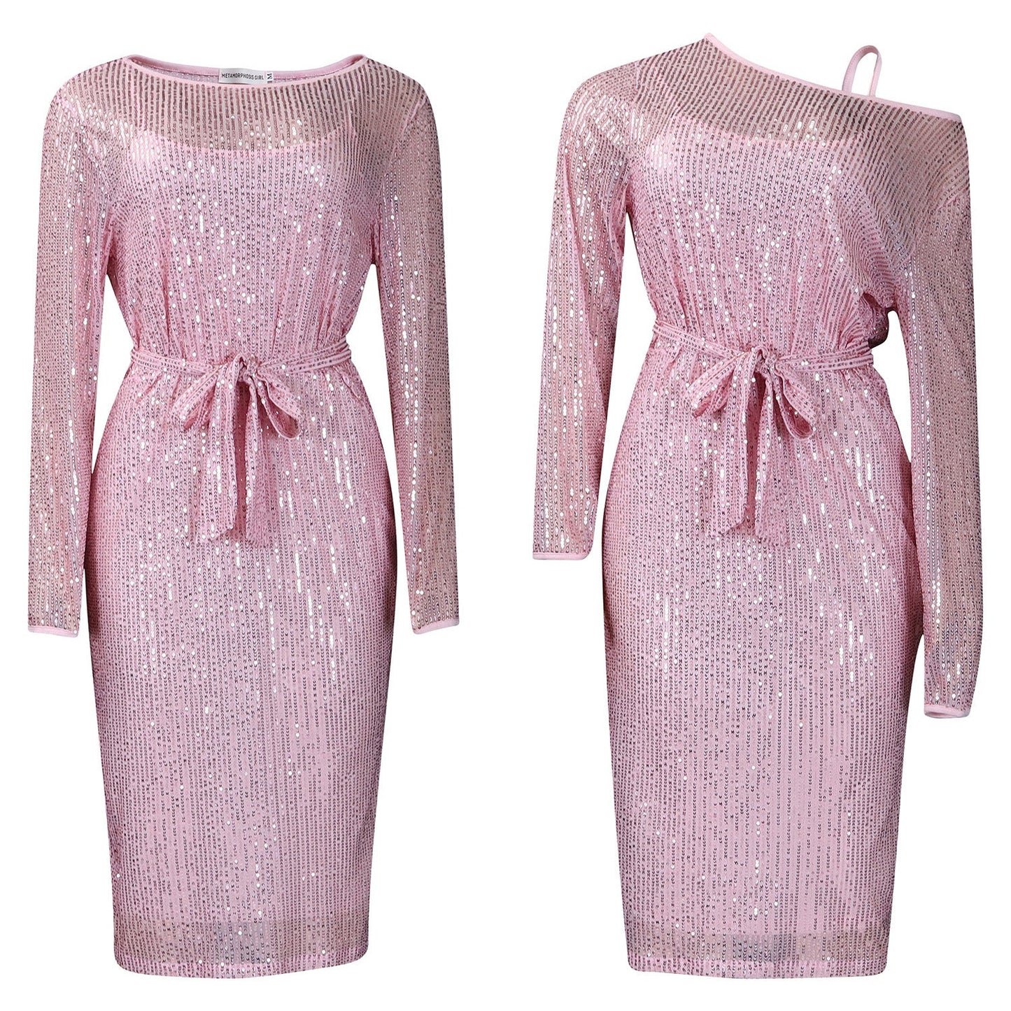 Diagonal Collar Sequined Round Neck Evening Dress Two-piece Set