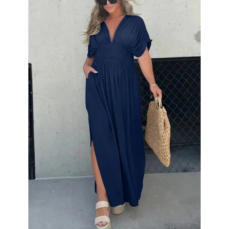Bat-sleeved V-neck Slit  Elastic Waist Long Dress