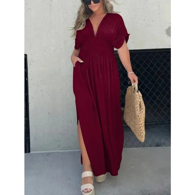 Bat-sleeved V-neck Slit  Elastic Waist Long Dress